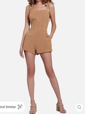 Lost + Wander Tan Linen-Blend High-Waist Tie-Strap Shorts Romper